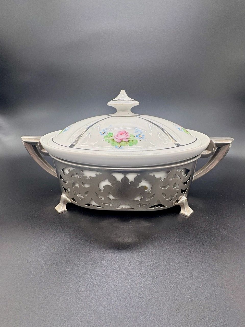 1930s Elegance: Royal Rochester Porcelain & Silver Covered Dish